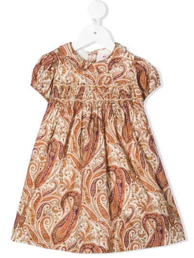 Shop Bonpoint Paisley-print Smocked-waist Dress In Neutrals