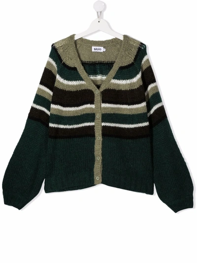 Shop Molo Teen Striped Alpaca Wool-blend Cardigan In 绿色