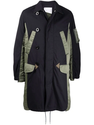 Shop Sacai Two-tone Ruched Coat In 蓝色