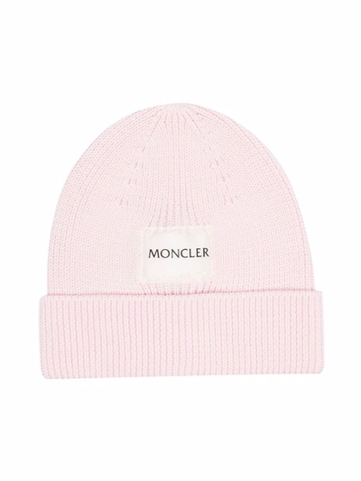 Shop Moncler Ribbed Logo-patch Beanie In 粉色