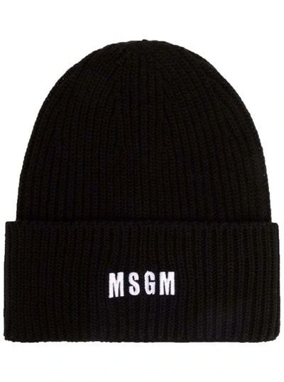 Shop Msgm Black Chunky Knit Hat With Logo