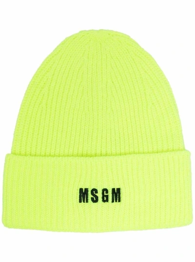 Shop Msgm Chunky Knit Hat With Logo In Yellow