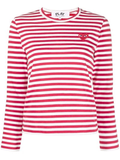 Shop Comme Des Garçons Play Heart-motif Striped Top In Rot