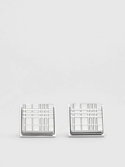 Shop Burberry Check Engraved Palladium-plated Square Cufflinks