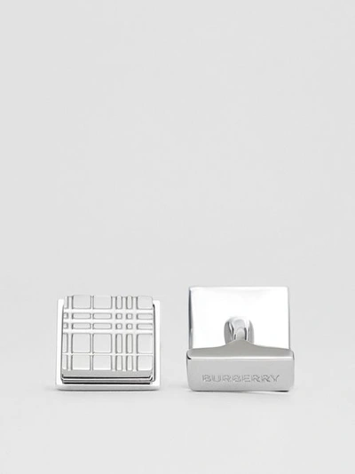 Shop Burberry Check Engraved Palladium-plated Square Cufflinks