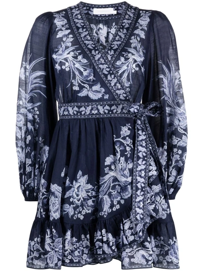 Shop Zimmermann Floral-print Flared Dress In Blau
