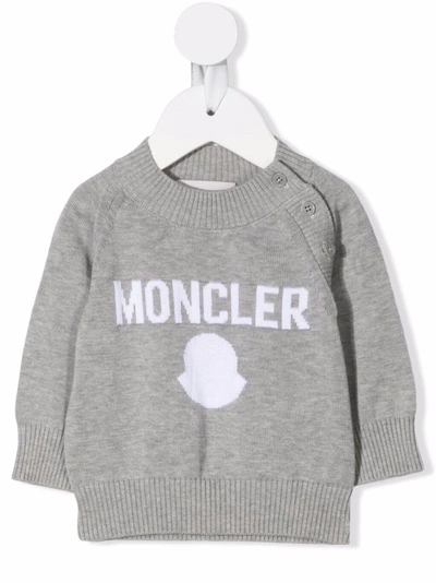 Shop Moncler Long-sleeved Logo Knit Jumper In Grey