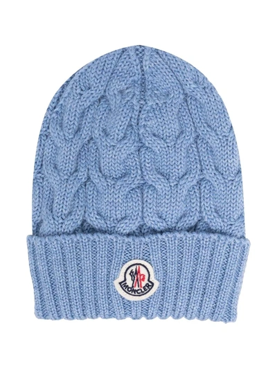 Shop Moncler Logo-patch Cable-knit Beanie In Blue