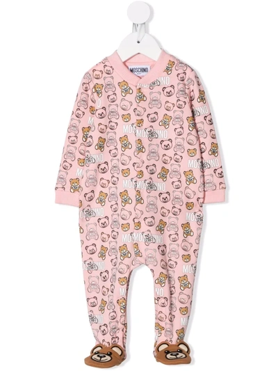 Shop Moschino Teddy Bear-print Cotton Babygrow In 粉色