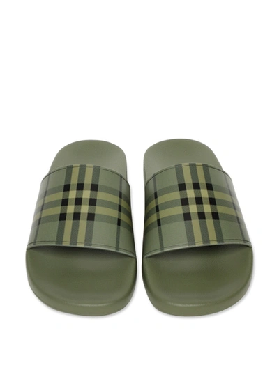 Shop Burberry Check Print Slide Sandals Military Green