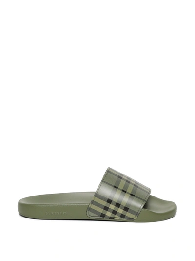 Shop Burberry Check Print Slide Sandals Military Green