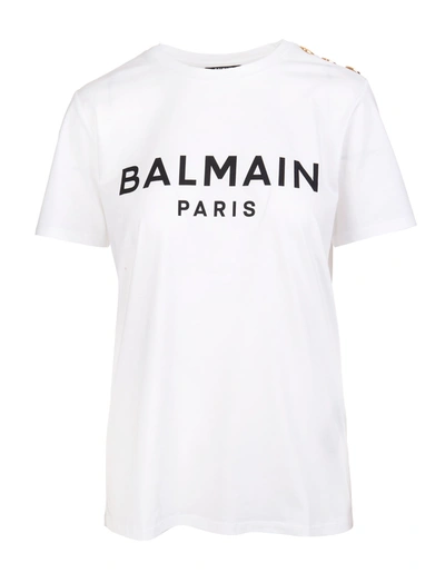 Shop Balmain Woman White Regular Fit T-shirt With Black Logo In Bianco