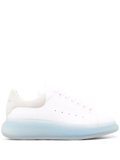 Shop Alexander Mcqueen Man White Oversize Sneakers With Transparent Blue Sole And Gray Suede Spoiler In White/frosty Blue/grey