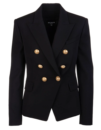 Shop Balmain Woman Black Wool Blazer With Gold Embossed Buttons In Nero
