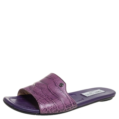 Pre-owned Jimmy Choo Purple Croc Embossed Leather Nanda Flat Slides Size 38.5