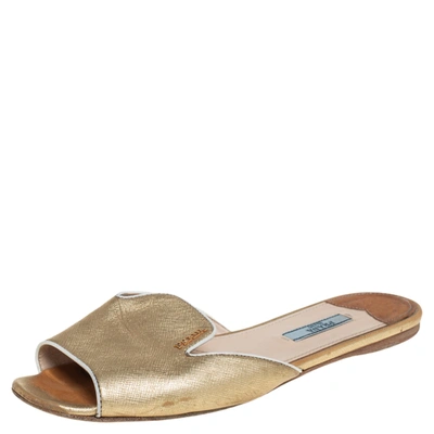Pre-owned Prada Gold Saffiano Leather Flat Slides Size 38
