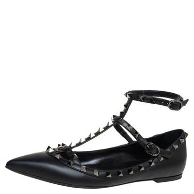 Pre-owned Valentino Garavani Black Leather Rockstud Ankle Strap Ballet Flats Size 39.5