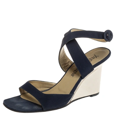 Pre-owned Saint Laurent Navy Blue Suede Open Toe Ankle Strap Wedge Sandals Size 37