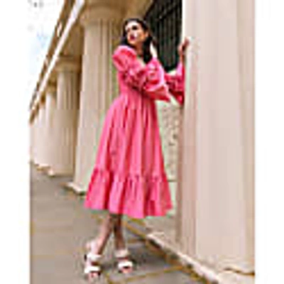 Lavaand The Cara Square Neck Cotton Midi Dress In Watermelon Pink In Midi