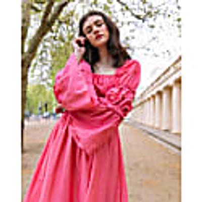 Lavaand The Cara Square Neck Cotton Midi Dress In Watermelon Pink In Midi