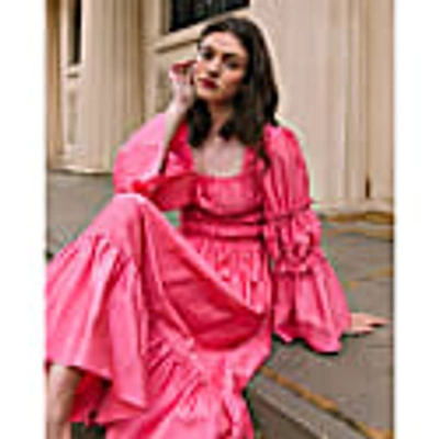 Lavaand The Cara Square Neck Cotton Midi Dress In Watermelon Pink In Midi