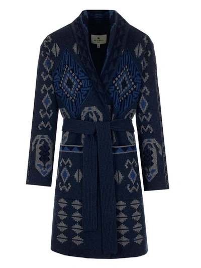Shop Etro Jacquard Knitted Coat In Blue