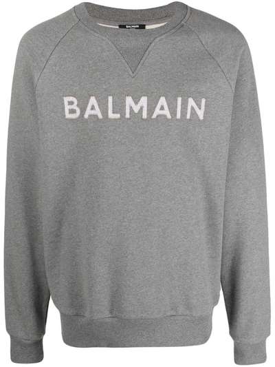 Balmain Flocked-logo Cotton Sweatshirt In Grey | ModeSens