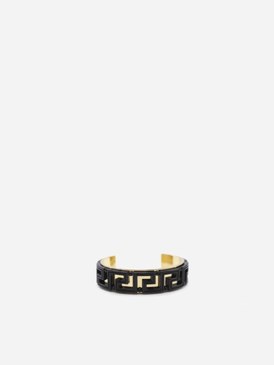 Shop Versace Bracelet With All-over Greek Motif In Shiny Finish In Black, Gold