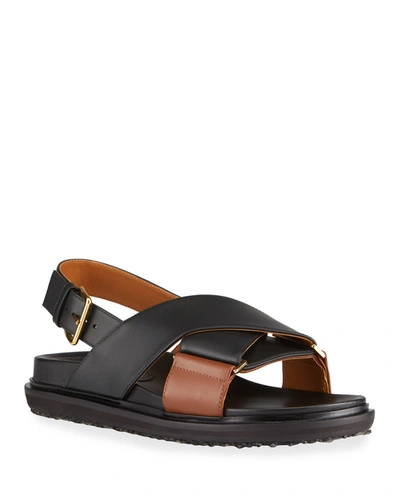 Shop Marni Crisscross Slingback Flat Sandals In Brown/black