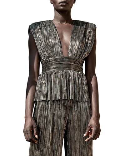 Shop Sabina Musayev Shelby Pleated Top W/ Shoulder Pads In Mandarin