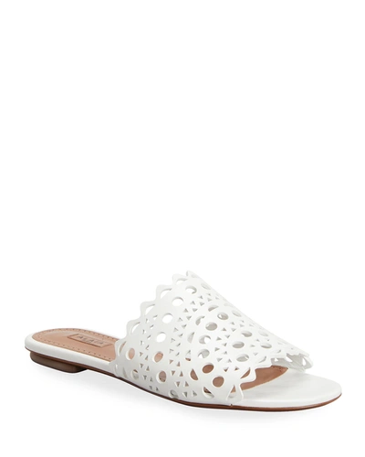 Shop Alaïa Laser Cut Leather Slide Sandals In 020 Blanc