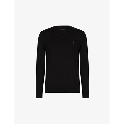Shop Allsaints Mens Black Mode Slim-fit Merino Wool Polo Shirt Xs