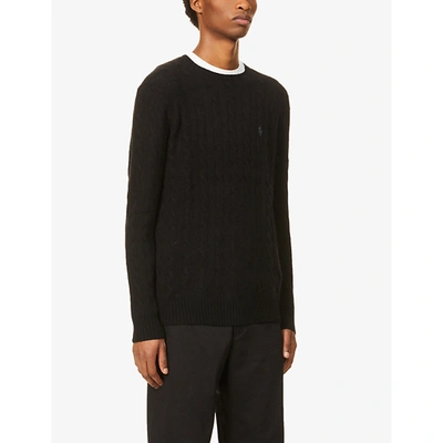 Shop Polo Ralph Lauren Mens Polo Black Logo-embroidered Cable-knit Wool And Cashmere-blend Jumper L