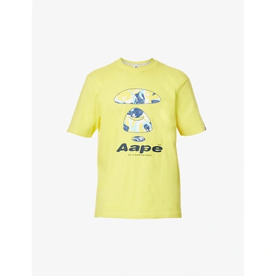 Shop Aape Mens Yellow Graphic-print Crewneck Cotton-jersey T-shirt Xl