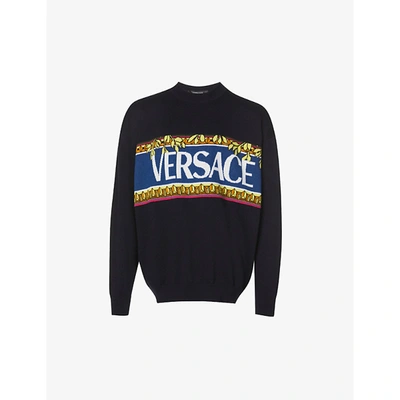 Shop Versace Mens Navy Baroque Crewneck Cotton-wool Blend Sweatshirt 38