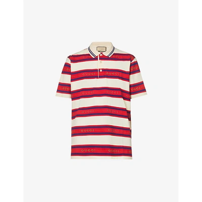 Shop Gucci Men's Ivory Live Red Mix Striped Short-sleeved Cotton-jersey Polo Shirt