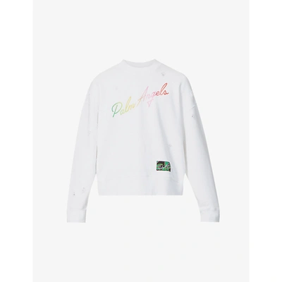 Shop Palm Angels Mens White Multicolor Miami Logo-embroidered Cotton-jersey Sweatshirt L