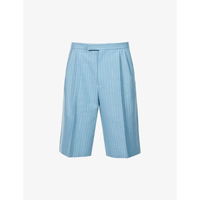 Shop Gucci Mens Blue Pool Pinstriped Wool And Linen-blend Shorts