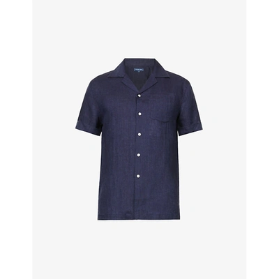 Shop Frescobol Carioca Mens Midnight Thomas Revere-collar Linen Shirt Xl