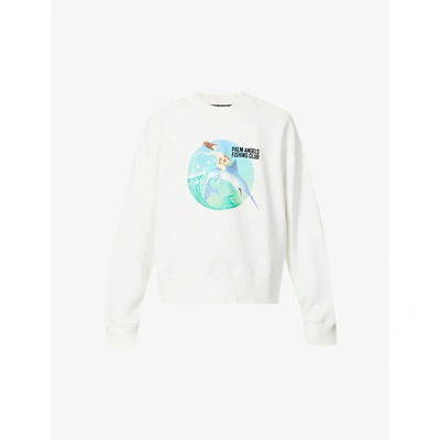 Shop Palm Angels Mens White Fishing Club Graphic-print Cotton-jersey Sweatshirt L