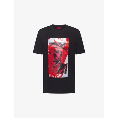 Shop Hugo Mens Black Graphic-print Cotton Jersey T-shirt S