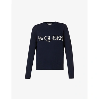 Shop Alexander Mcqueen Mens Navy Ivory Black Logo-embroidered Cotton-knit Jumper M