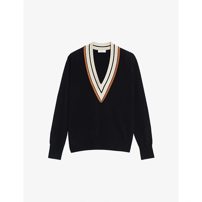 Shop Sandro Colle Contrast-trim Wool And Cashmere-blend Jumper In Black