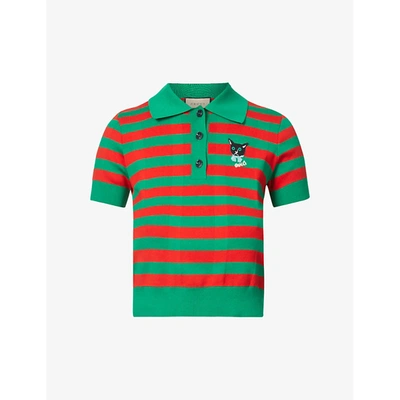 Shop Gucci Womens Green/red Logo-embroidered Cotton-knit Polo Top