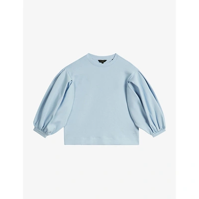 Shop Ted Baker Irissa Puffed-sleeve Cotton-blend Jersey Sweatshirt In Pl-blue