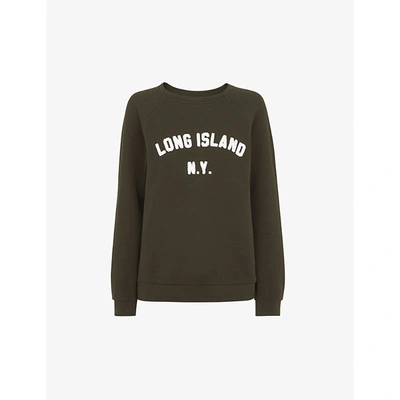 Shop Whistles Womens Khaki/olive Long Island Slogan-print Cotton Sweatshirt Xs
