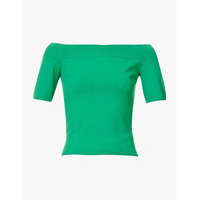 Shop Alexander Mcqueen Womens Chrome Green Off-the-shoulder Fitted Stretch-woven Top Xs