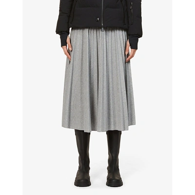 Shop Moncler Gonna Pleated High-waist Stretch-jersey Midi Skirt In Grey