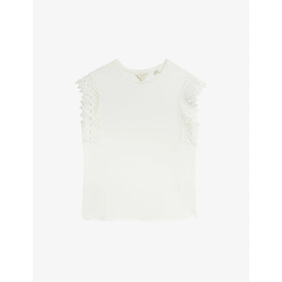 Shop Ted Baker Womens White Lace-sleeve Cotton Top 12