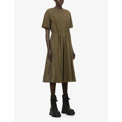 Shop Moncler Abito Cotton And Shell Midi Dress In Brown / Dark Grey